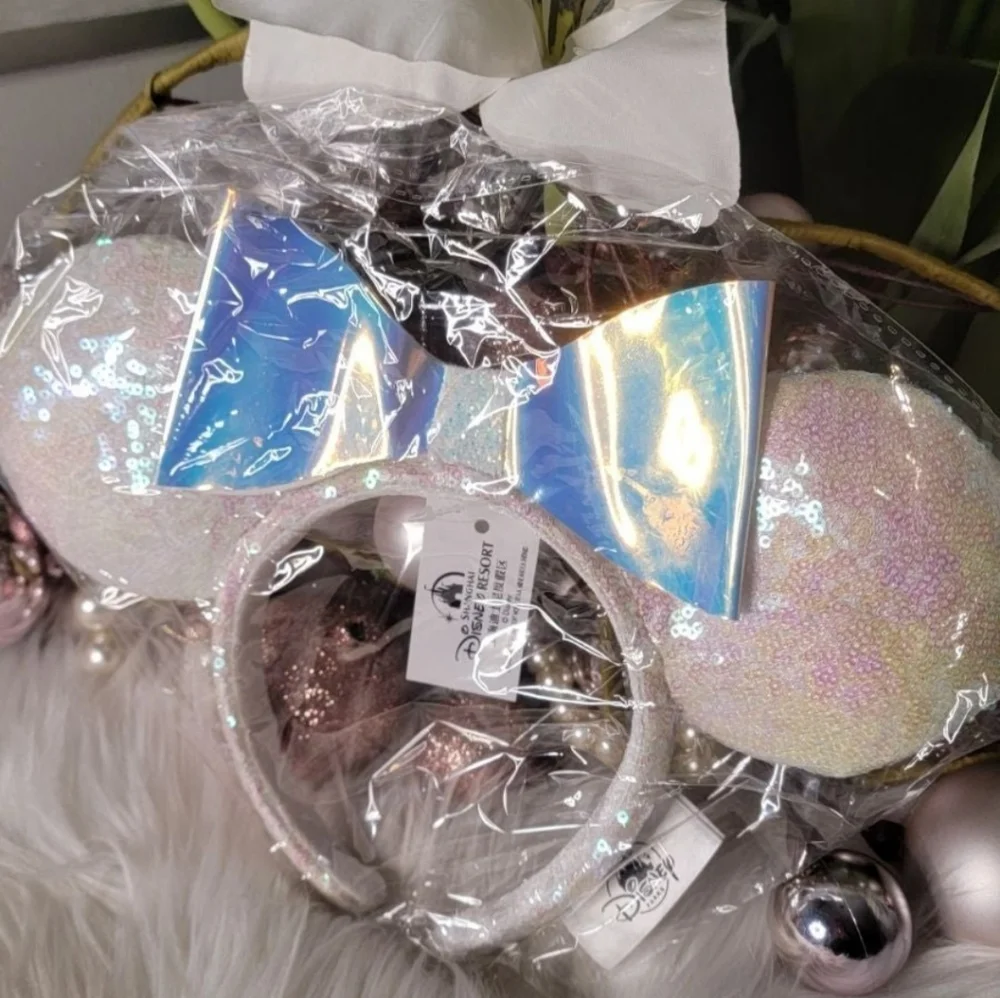 Minnie Ears White Bow Iridescent Glitter Sequins Disney Parks Rare Headband